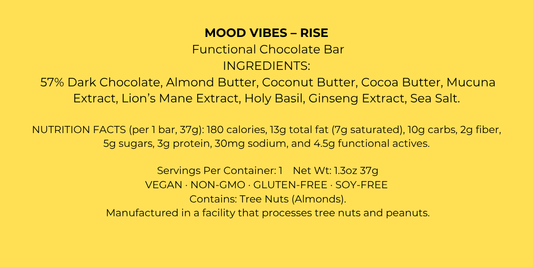 Rise Bar - A functional chocolate bar powered by nootropics and adaptogens to boost focus, energy, and good vibes.